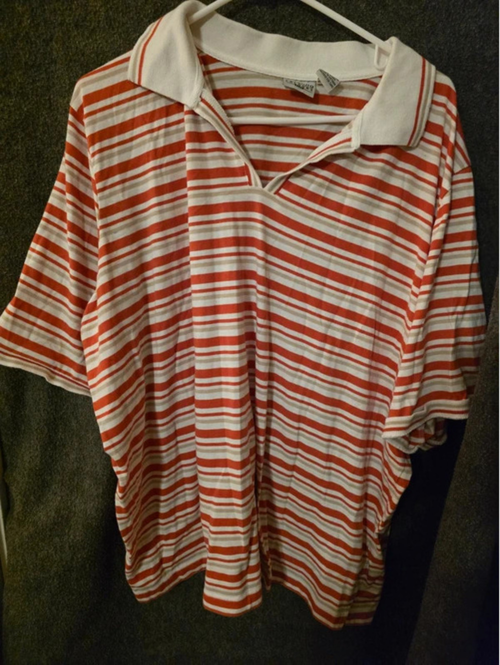Carolina Colours Plus 26/28 Orange Beige Striped V-Neck Open Collar Polo Top